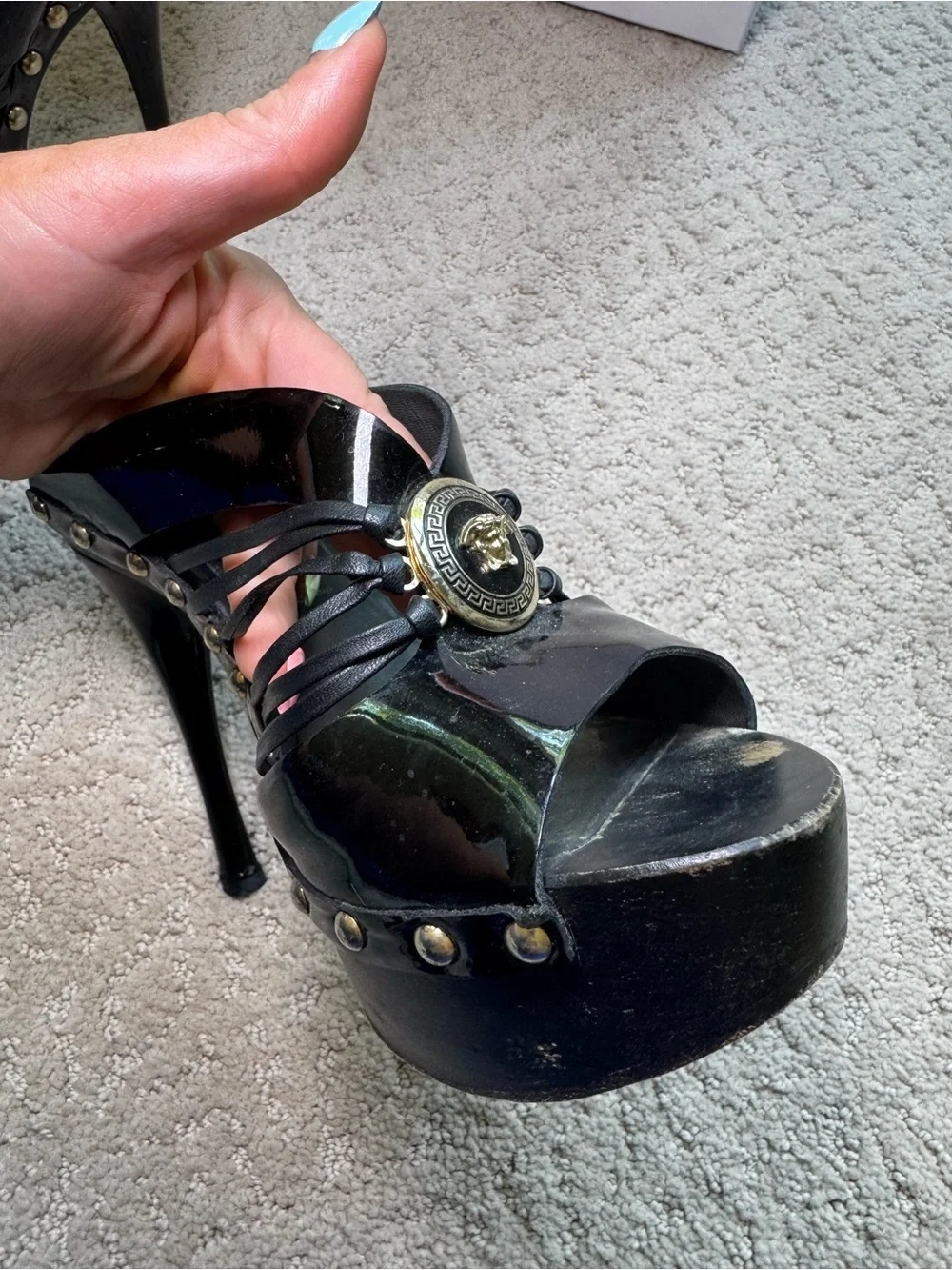 Versace Black Patent Leather and Wooden Platform Medusa Sandals Size 36